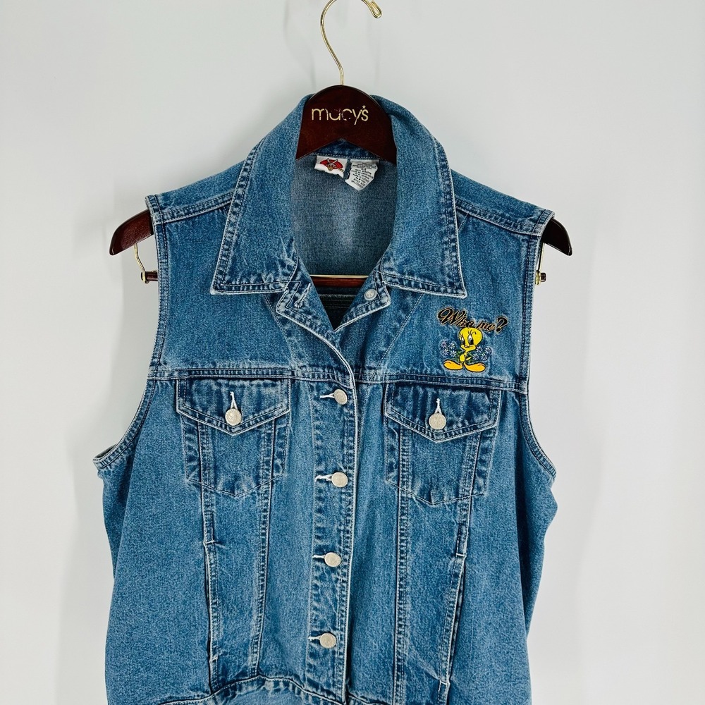 Vintage Looney Tunes‎ Tweety Bird Graphic Button Front Denim Vest Blue Size XL